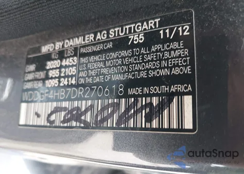 2013 Mercedes-Benz C 250 Sport from USA, damaged, VIN WDDGF4HB7DR270618